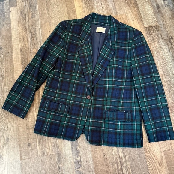 VINTAGE PENDELTON Signature Green and Blue Plaid Single Button Wool Blazer USA - Picture 1 of 11